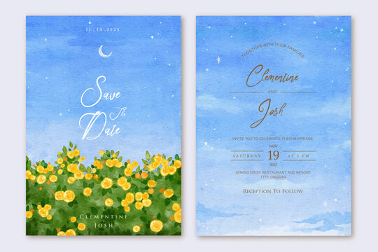 Set of wedding invitation with hand drawn landscape night sky background