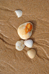 Fototapeta na wymiar Close Up of Small Isolated Stones on Wet Sandy Beach 