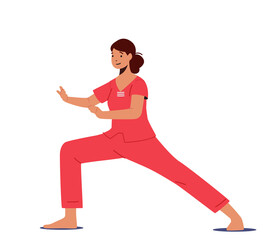 Female Character Practice Martial Arts. Woman Fighter In Red Uniform Fight, Asian Traditional Battle. Girl Self-defense