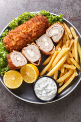 Karadjordjeva Schnitzel is a pork roll stuffed with Kaymak, breaded and fried, served with french fries and tartar sauce close-up in a plate on the table. Vertical top view from above