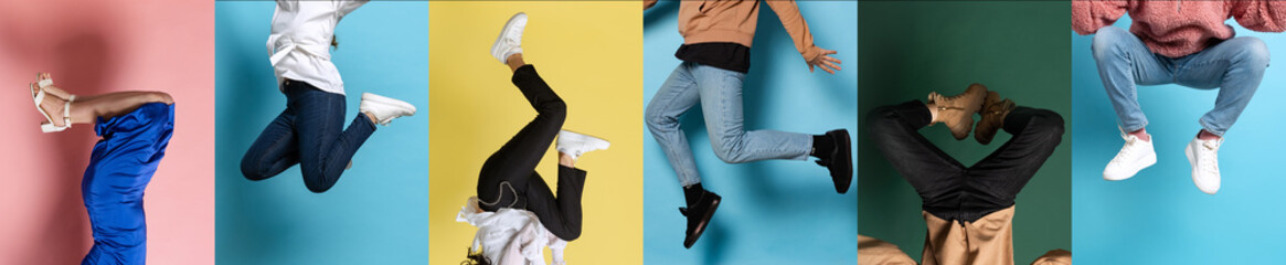 Collage with female and male legs in colored shoes, sneakers, trainers isolated over bright multicolored background in neon. Concept of fashion, sales, art