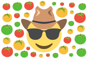 cool face emoji with cowboy hat amid red,green and yellow tomatoes on white background,vector illustration
