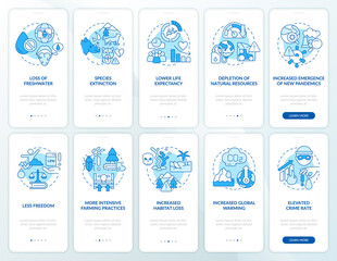 Overpopulation and overcrowding blue onboarding mobile app screen set. Walkthrough 5 steps editable graphic instructions with linear concepts. UI, UX, GUI template. Myriad Pro-Bold, Regular fonts used