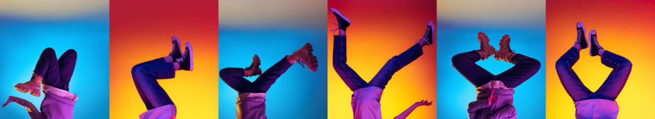 Collage with female and male legs in colored shoes, sneakers, trainers isolated over bright multicolored background in neon. Concept of fashion, sales, art