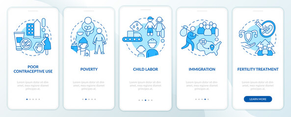 Causes of overpopulation blue onboarding mobile app screen. Reasons walkthrough 5 steps editable graphic instructions with linear concepts. UI, UX, GUI template. Myriad Pro-Bold, Regular fonts used