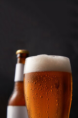 Bottle and glass of beer on black background.