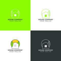 minimalist house logo set with simple continuous line style. green house.