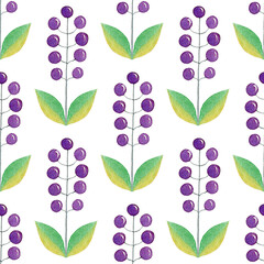 Purple hand-drawn wild berries ornament isolated on a white background. Simple seamless pattern in boho style. Botanical fabric design