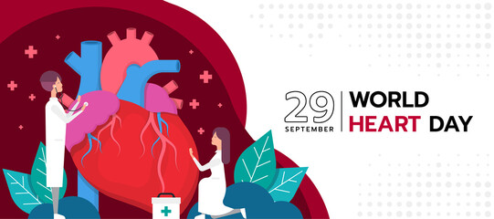 world hearth day - Doctors are helping to check health the big human heart on dark red and white background vector design
