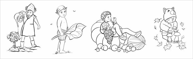 A set of black and white illustrations. Children in summer. Coloring book. Vector.