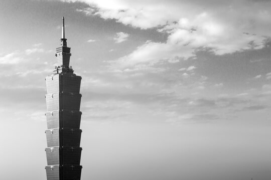 Taipei, Taiwan - January 5, 2015: Close Up Of Taipei 101 Tower In Black And White