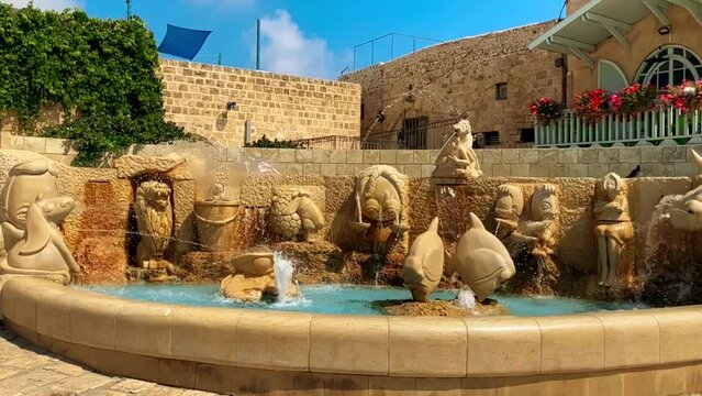 Fountain Zodiac Signs in Old Jaffa Israel Slow Motion Sunny day