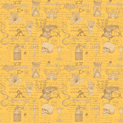 Fototapeta na wymiar vector image of a seamless texture in the form of an alchemical formula with encrypted symbols in the style of medieval old manuscripts graphic