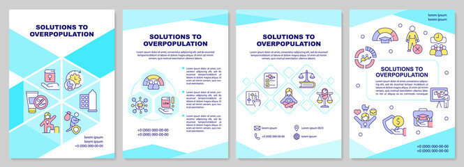 Fototapeta na wymiar Solutions to overpopulation blue brochure template. Leaflet design with linear icons. Editable 4 vector layouts for presentation, annual reports. Arial-Black, Myriad Pro-Regular fonts used