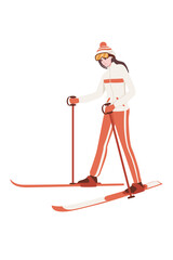 Fototapeta premium Female skier standing still with red ski and sticks and winter jacket cartoon character design vector illustration on white background
