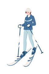 Female skier standing still with blue ski and sticks and winter jacket cartoon character design vector illustration on white background