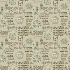 vector image of a seamless texture in the form of an alchemical formula with encrypted symbols in the style of medieval old manuscripts graphic