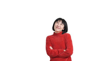 Young asian woman wearing winter red sweater smiling and thinking, having idea, isolated on white background.