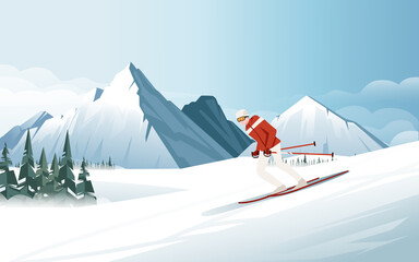 A skier is speeding down a mountain on a ski vector illustration with snowy mountain with evergreen forest landscape