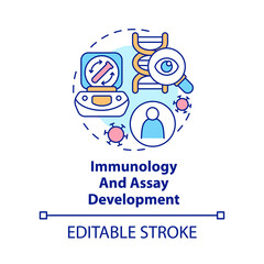 Immunology and assay development concept icon. Pandemic preclinical research abstract idea thin line illustration. Isolated outline drawing. Editable stroke. Arial, Myriad Pro-Bold fonts used