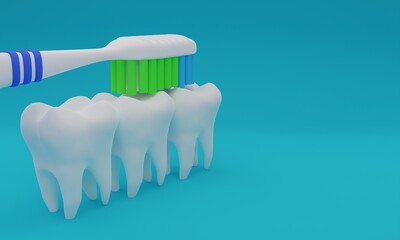 3d illustration, toothbrush and dental piece, cleaning concept, oral hygiene, blue background, 3d rendering