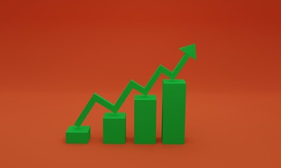 3d illustration , graph arrow up,growth concept ,graph isolated on red background,3d rendering