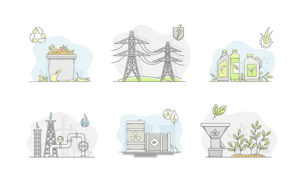 Electricity power generation resources set. Alternative electric energy. vector illustration