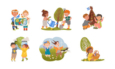 Happy kids protecting nature set. Save planet concept vector illustration