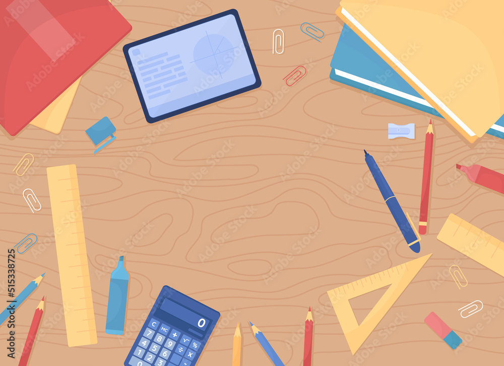 Poster wooden desk top with stationery essentials flat color vector background template. learning math. pre