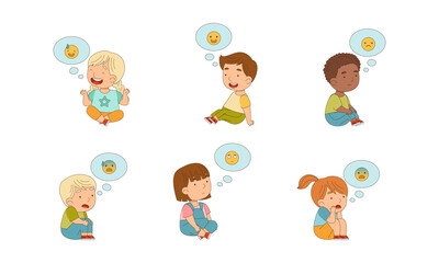 Cute little children expressing emotions set. Girls and boys sitting on floor with emoticons in speech bubbles cartoon vector illustration