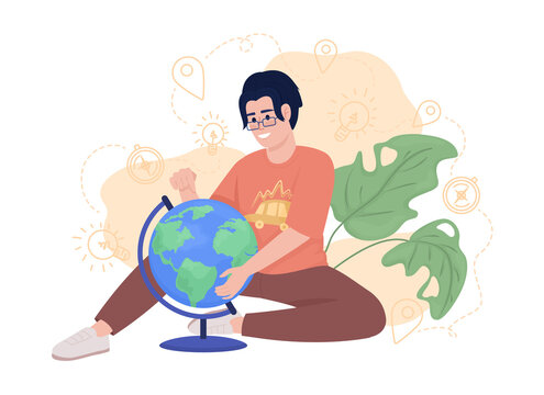 Excitement about travelling around world 2D vector isolated illustration. Smiling boy studying globe flat character on cartoon background. Colourful editable scene for mobile, website, presentation