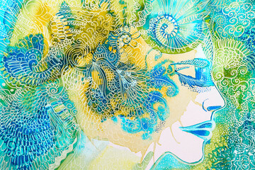 Disegno colorato giallo azzurro donna floreale sta sognando