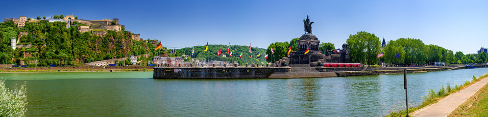 German Corner (Deutsches Eck) in Koblenz at the confluence of Rhine river and Moselle river in the...