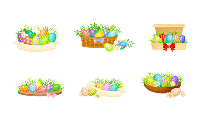 Set of willow basket with colorful Easter eggs vector illustration