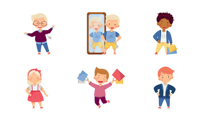 Cute fashionable boys and girls choosing clothes in shop set vector illustration