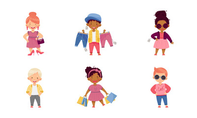 Fototapeta premium Cute fashionable boys and girls shopping for clothes set vector illustration