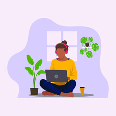 This is a flat illustration of a girl freelancing in a peaceful, calm environment with music.