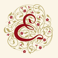 Ornamental & Sign With Golden Tendrils, Leaves  And Small Burgundy Flowers On A Beige Background