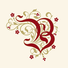 Ornamental Initial Letter B With Golden Tendrils, Leaves  And Small Burgundy Flowers On A Beige Background