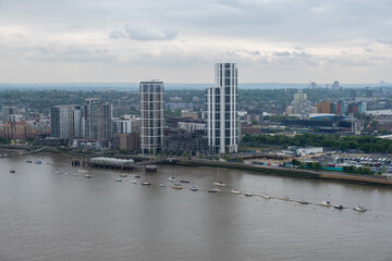 Aerial or bird view of Thames river and London's skyline