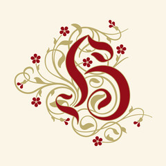Ornamental Initial Letter H With Golden Tendrils, Leaves  And Small Burgundy Flowers On A Beige Background