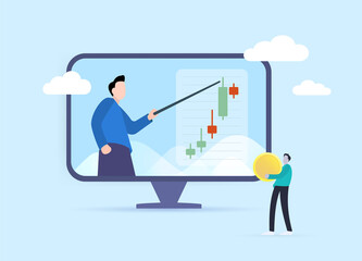 Finfluencers - influencers generating content on financial topics on social media networking app platform. Video blogger shares personal finance tips and hacks. Character holding a coin for donation