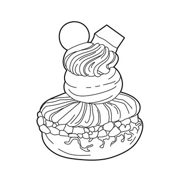 Coloring book cake, tasty doodle food vector illustration