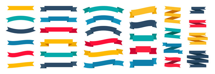 Set of 31 ribbons.  Ribbon elements. Tape vector icon set on white background. Starburst label. Collection of labels. popular set of multi-colored ribbons on a white background.
