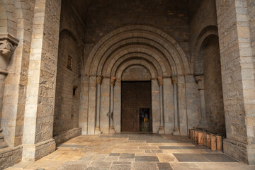 Main entrance of the Cathedral of San Pedro de Jaca in Aragon. Spain