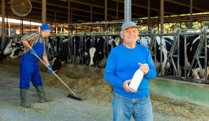 Elderly owner of cow farm with bottle of milk standing in stall on background with herd of cows on livestock farm