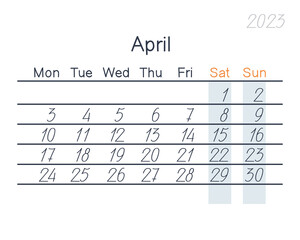 Calendar page for the month of April. Flat vector illustration. Eps10