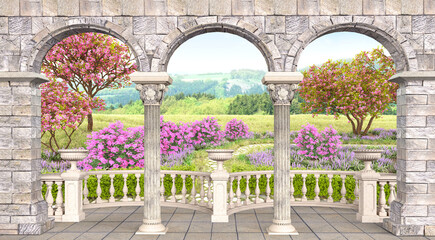 Fototapety  Stone terrace with columns View of the blooming garden