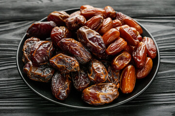 juicy royal dates on a black wooden rustic background