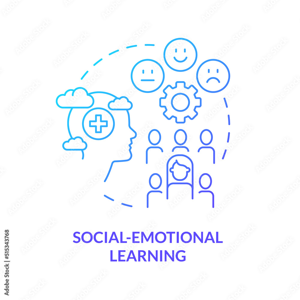 Sticker Social emotional learning blue gradient concept icon. Building relationship. Trend in education abstract idea thin line illustration. Isolated outline drawing. Myriad Pro-Bold font used